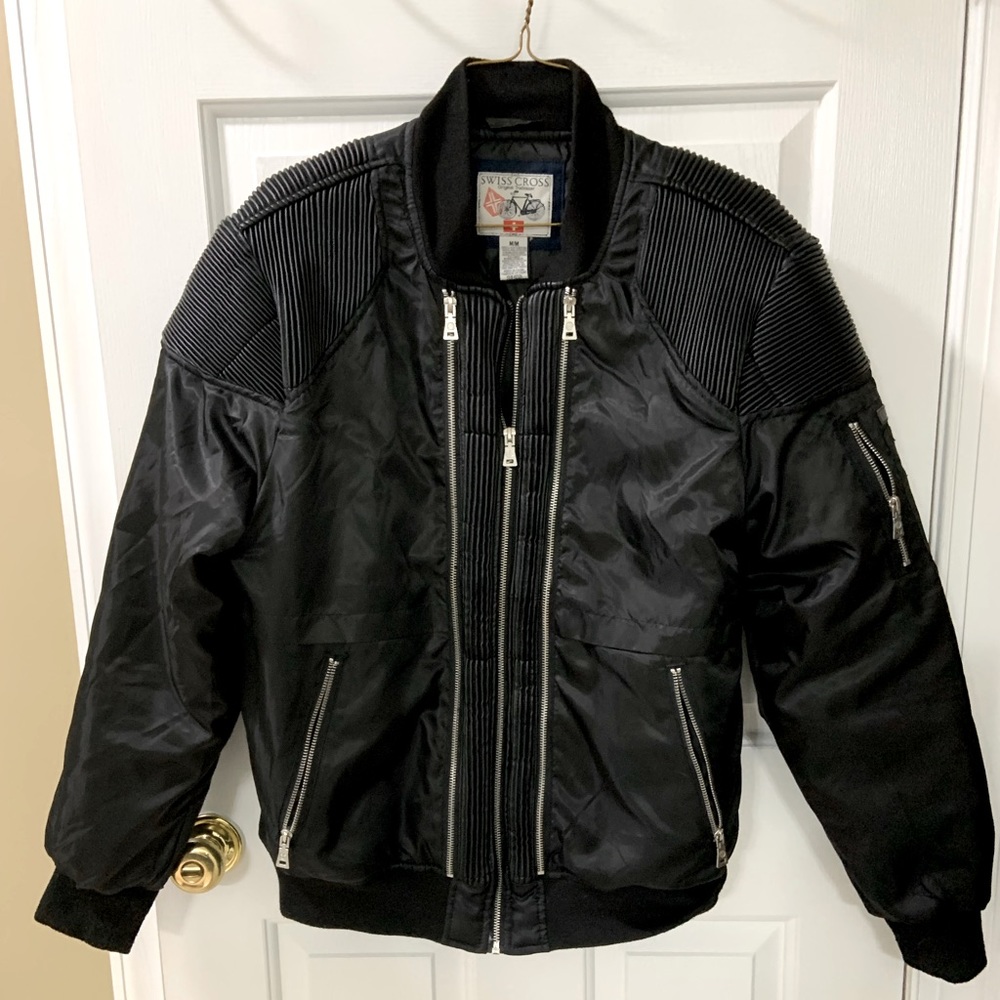 Swiss Cross Jacket Adult Medium Black Bomber Long Sleeve Front Zipper Coat.